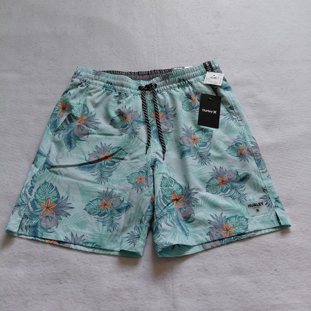Hurley Board Shorts Mens Tropical Floral Mint Green Size S UPF 50 Swimwear NWT